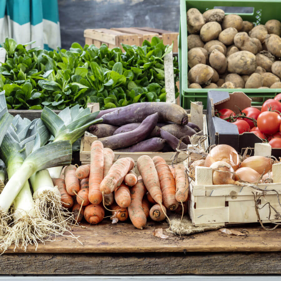 Lauch, Karotten, Pastinake, Zwiebeln, Tomaten und Kartoffeln geordnet auf Tisch ausgebreitet