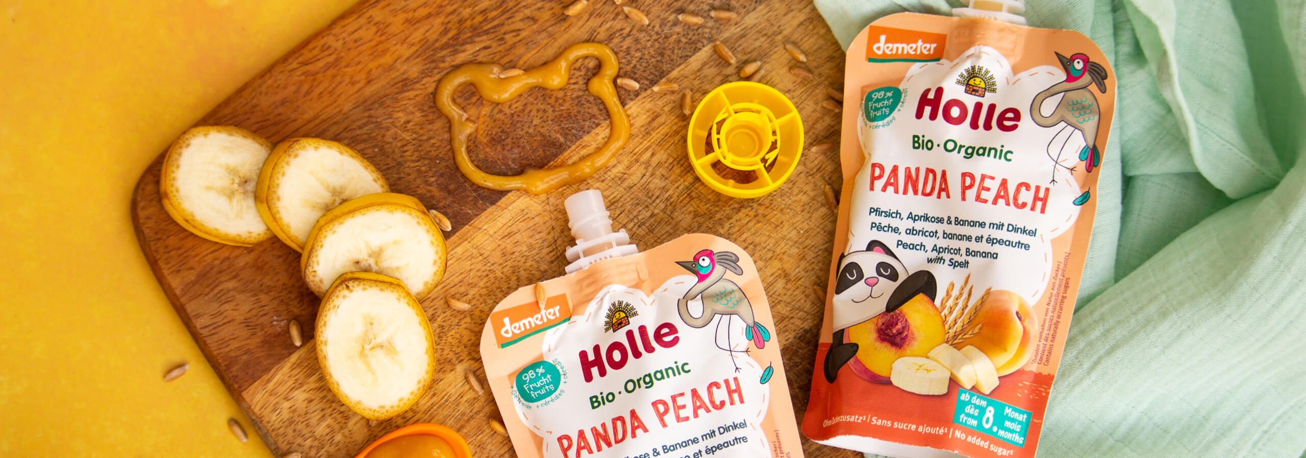 Holle Baby Food Pouches - Organic Fruit & Grain Puree - Panda Peach