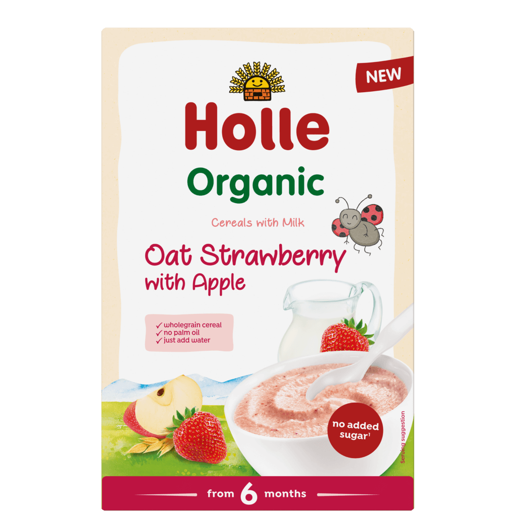 Organic milk cereal with oat, strawberry and apple