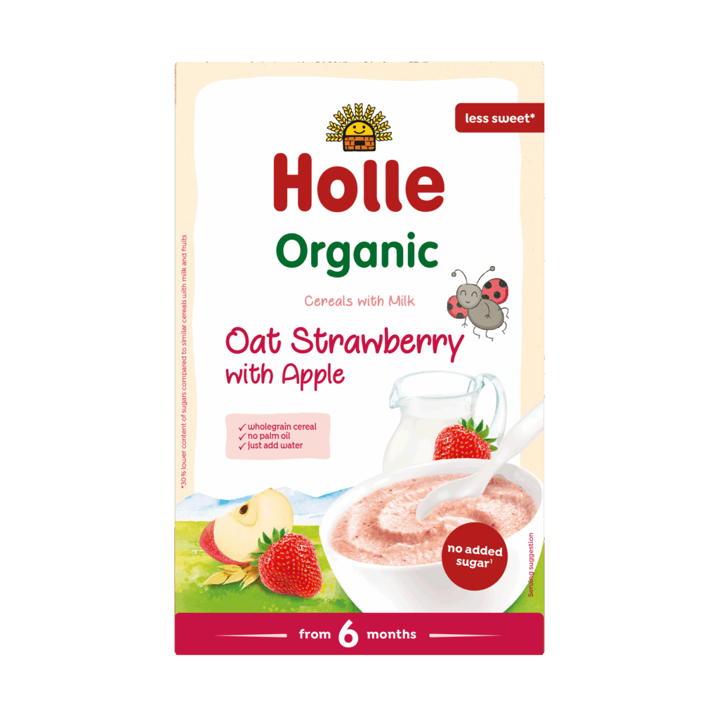 Organic milk cereal with oat, strawberry and apple