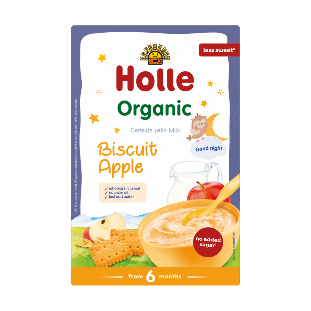 Organic milk cereal with biscuit and apple