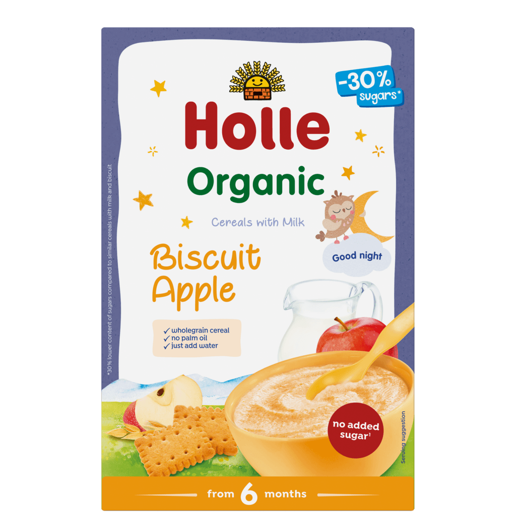 Organic milk cereal with biscuit and apple